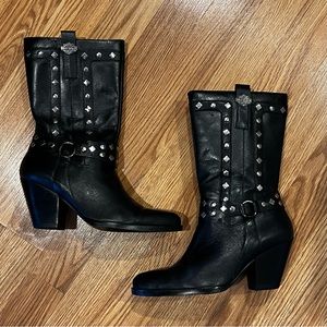 Black leather metal studs Harley-Davidson biker motorcycle boots mid calf size 6
